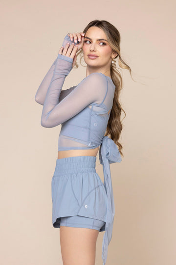 Bow Back Mesh Reversible Long Sleeve Top - Blue Storm