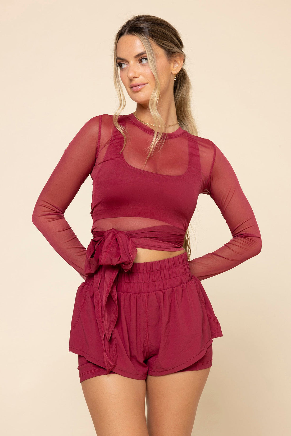 Bow Back Mesh Reversible Long Sleeve Top - Ruby