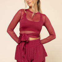Bow Back Mesh Reversible Long Sleeve Top - Ruby