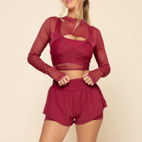 Bow Back Mesh Reversible Long Sleeve Top - Ruby