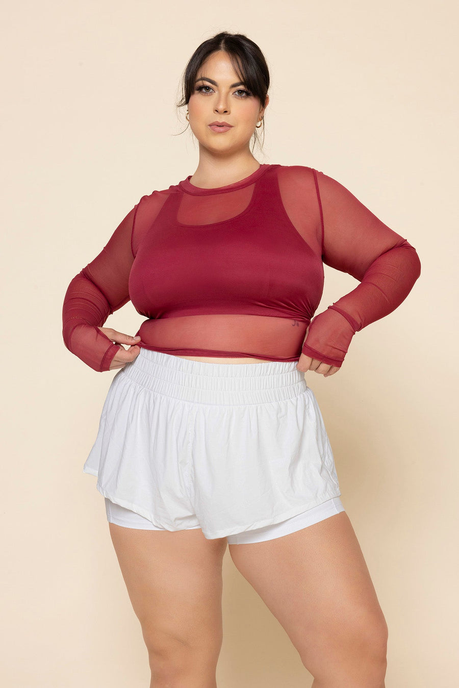 Bow Back Mesh Reversible Long Sleeve Top - Ruby