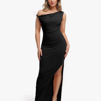 Shapewear Solid Cowl Neck Ruched Sculpting Maxi Dress